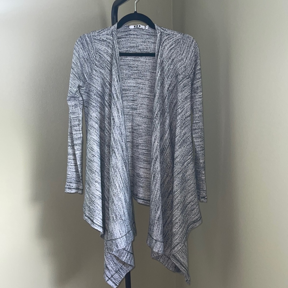 Three Dots Asymmetrical Heathered Open Cardigan Sweater Size S, Black & Gray